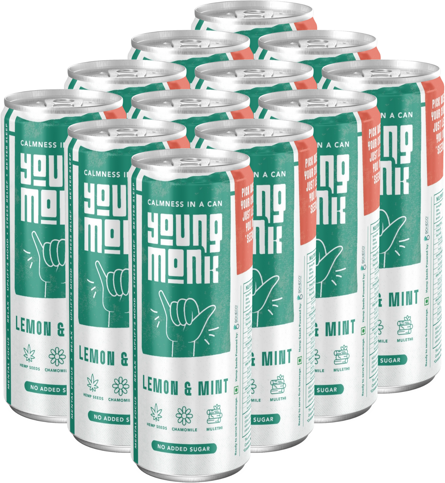Young Monk - CALMNESS Drink - Infused with Herbs, Hemp, Zero Added Sugar - Lemon & Mint Flavour (Pack Of 12)