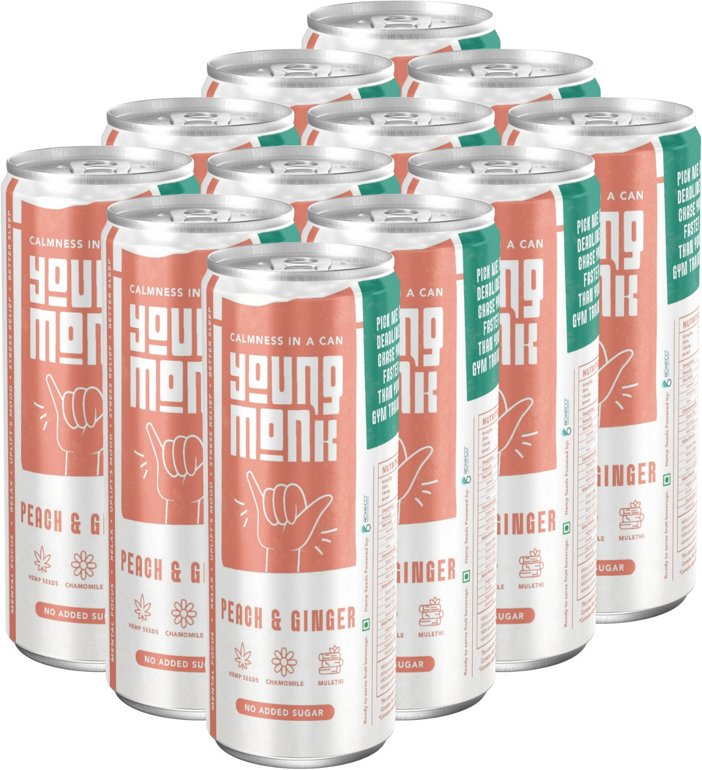 Young Monk - CALMNESS Drink - Infused with Herbs, Hemp, Zero Added Sugar - Peach & Ginger Flavour (Pack Of 12)