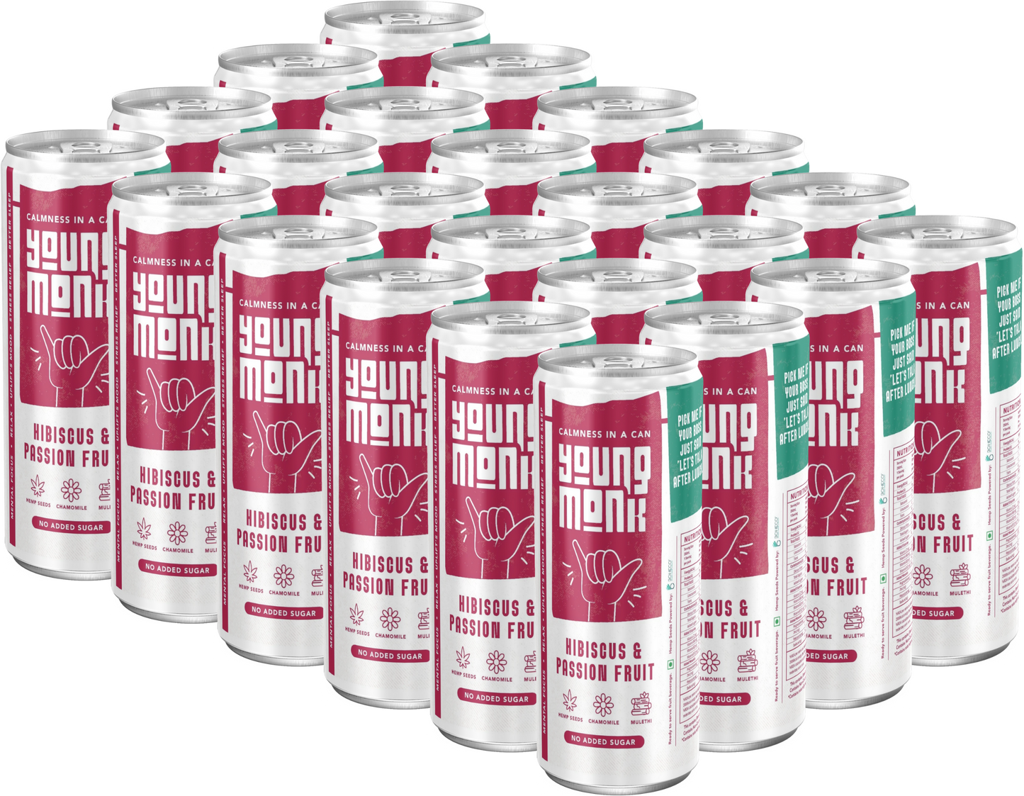 Young Monk - CALMNESS Drink - Infused with Herbs, Hemp, Zero Added Sugar - Hibiscus & Passion Fruit Flavour (Pack Of 24)