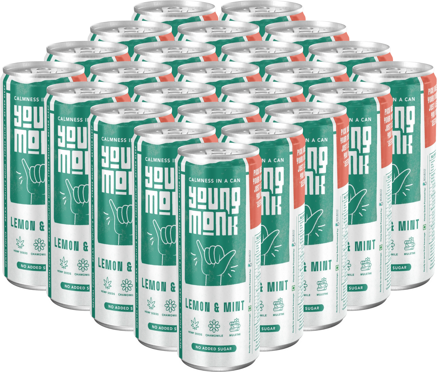 Young Monk - CALMNESS Drink - Infused with Herbs, Hemp, Zero Added Sugar - Lemon & Mint Flavour (Pack Of 24)