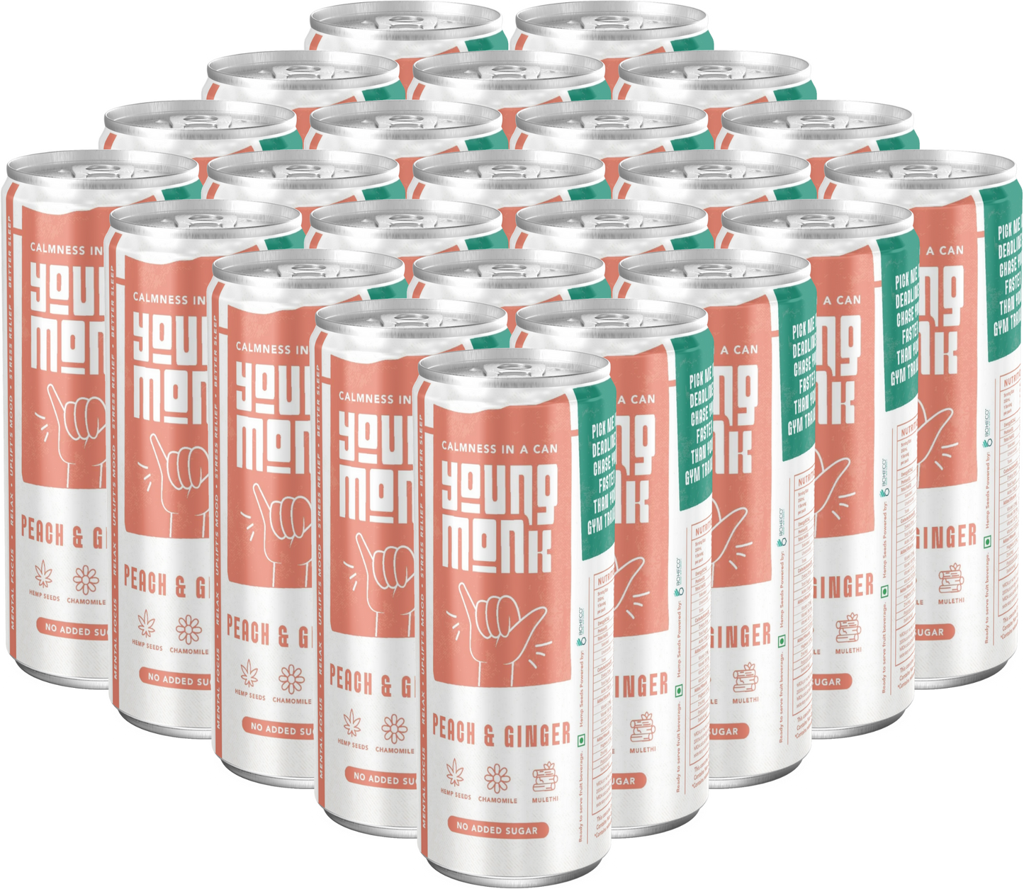Young Monk - CALMNESS Drink - Infused with Herbs, Hemp, Zero Added Sugar - Peach & Ginger Flavour (Pack Of 24)