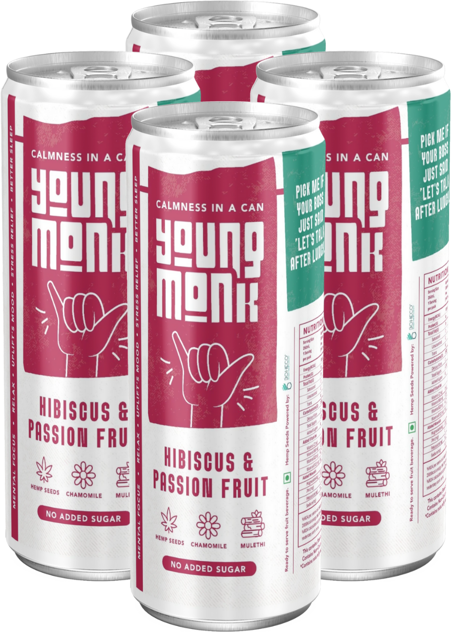 Young Monk - CALMNESS Drink - Infused with Herbs, Hemp, Zero Added Sugar - Hibiscus & Passion Fruit Flavour (Pack Of 4)
