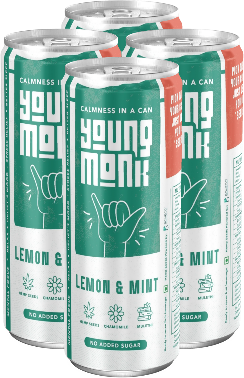 Young Monk - CALMNESS Drink - Infused with Herbs, Hemp, Zero Added Sugar - Lemon & Mint Flavour (Pack Of 4)