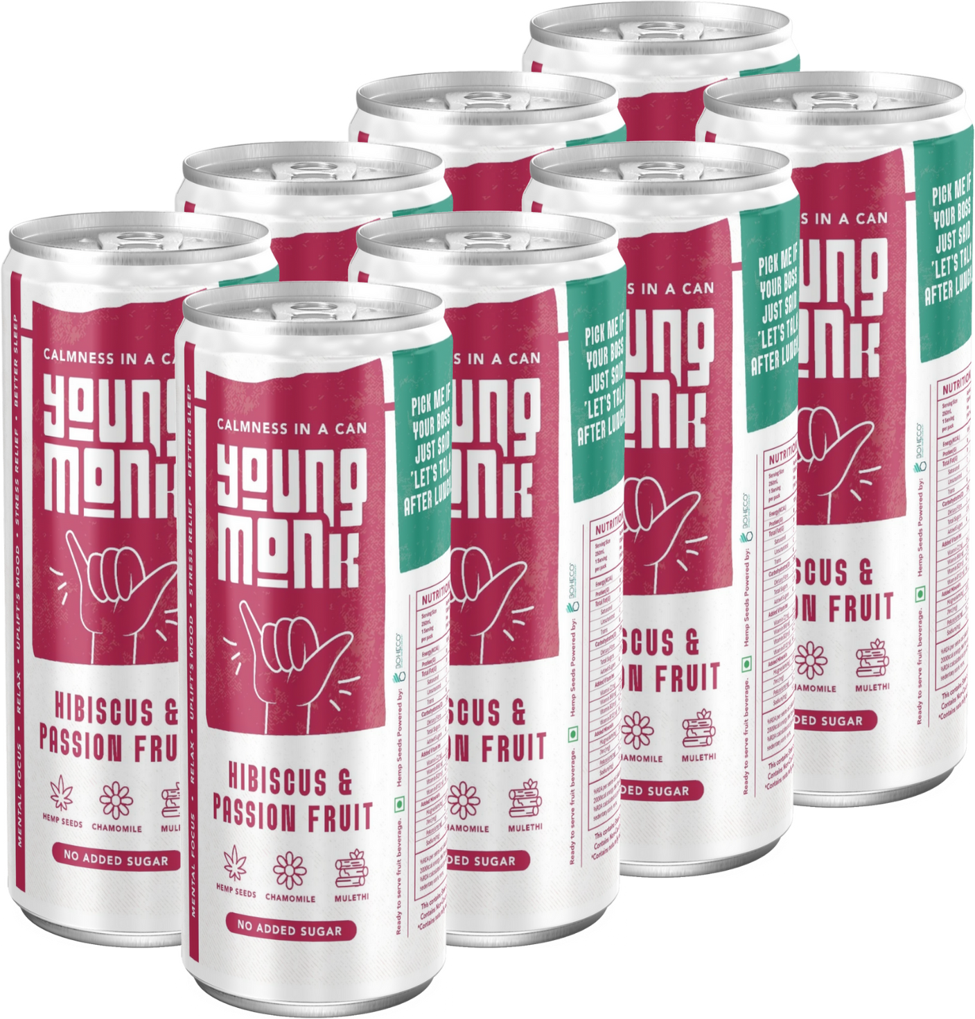 Young Monk - CALMNESS Drink - Infused with Herbs, Hemp, Zero Added Sugar - Hibiscus & Passion Fruit Flavour (Pack Of 8)