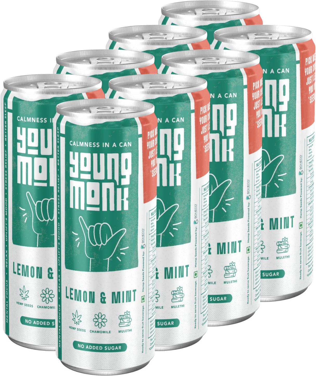 Young Monk - CALMNESS Drink - Infused with Herbs, Hemp, Zero Added Sugar - Lemon & Mint Flavour (Pack Of 8)