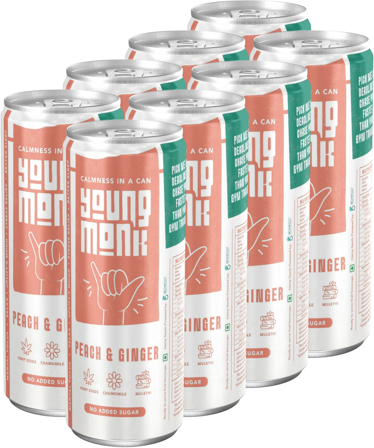 Young Monk - CALMNESS Drink - Infused with Herbs, Hemp, Zero Added Sugar - Peach & Ginger Flavor (Pack Of 8)