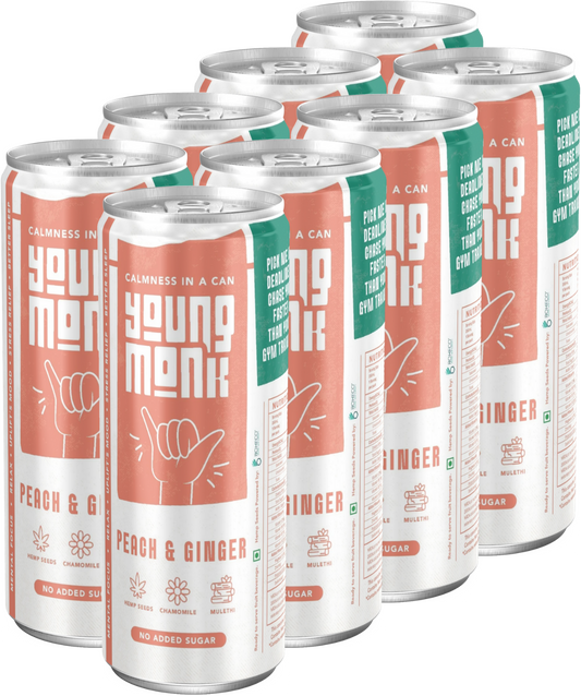 Young Monk - CALMNESS Drink - Infused with Herbs, Hemp, Zero Added Sugar - Peach & Ginger Flavor (Pack Of 8) - Buy 1, Get 1 Offer*