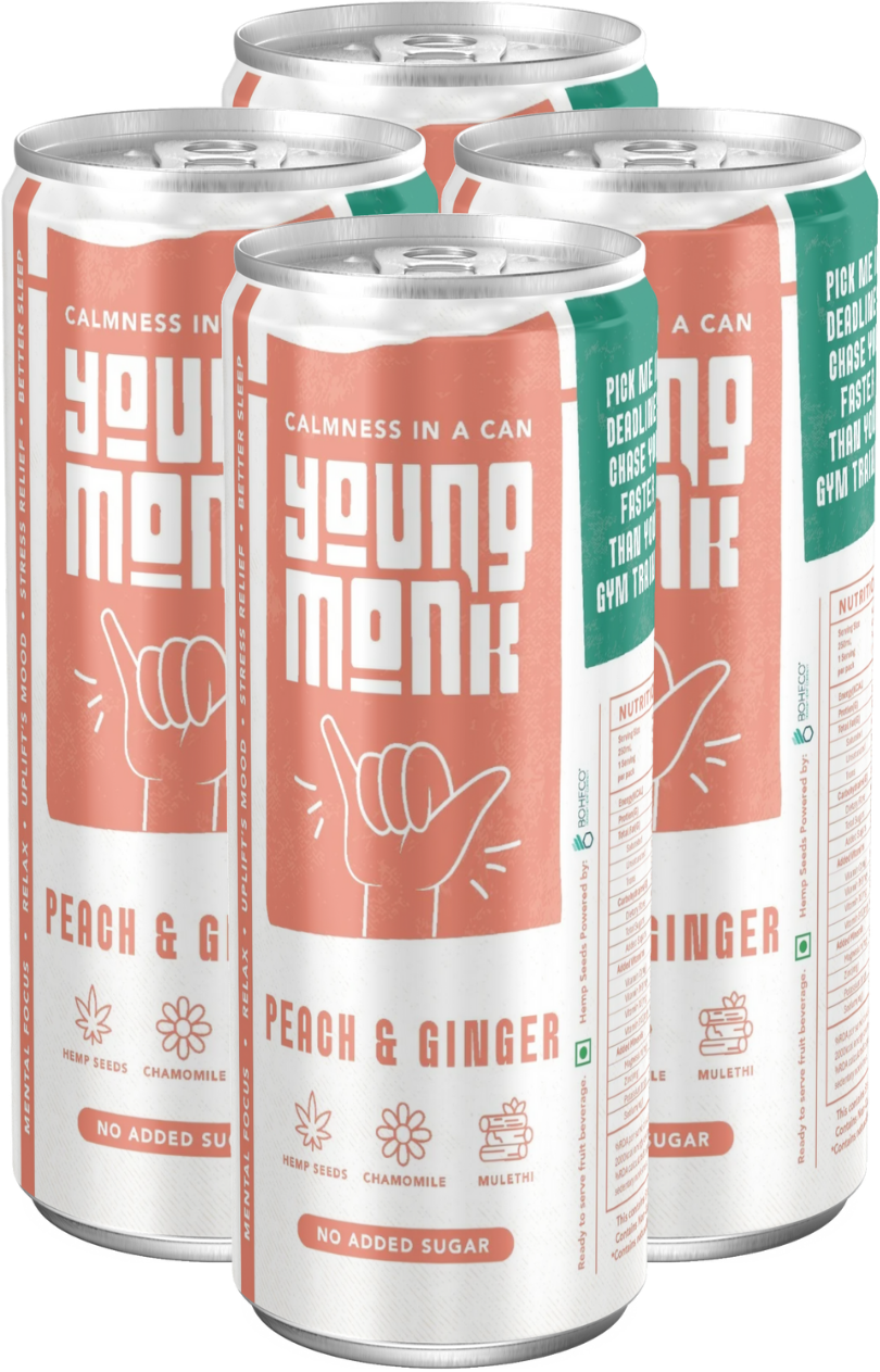 Young Monk - CALMNESS Drink - Infused with Herbs, Hemp, Zero Added Sugar - Peach & Ginger Flavour (Pack Of 4)