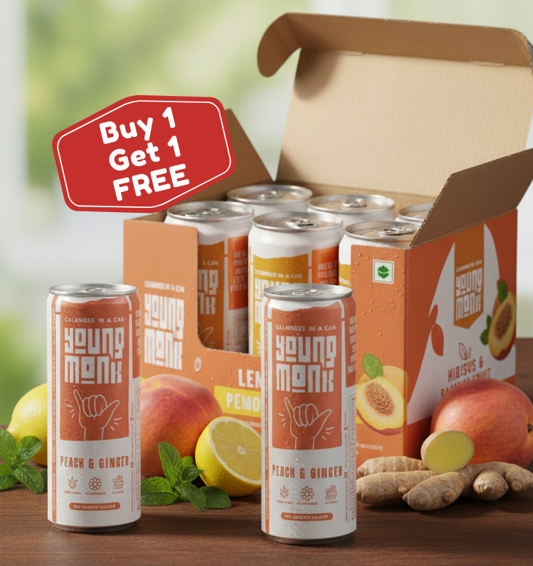 Young Monk - CALMNESS Drink - Infused with Herbs, Hemp, Zero Added Sugar - Peach & Ginger Flavour (Pack Of 4) - Buy 1, Get 1 Offer*